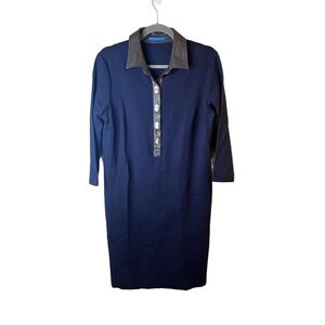 J.MCLAUGHLIN Falcon Dress Womens Medium Navy Brown Faux Leather Collar Preppy